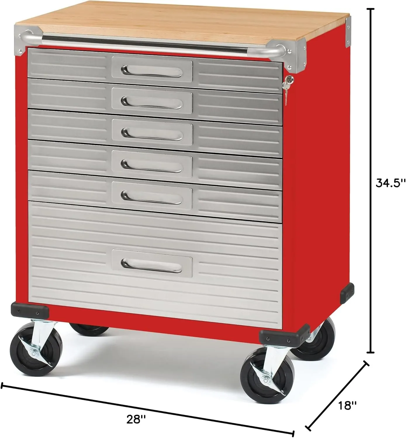 Seville Classics UltraHD Heavy Duty Rolling Cabinet Workbench Table w/Solid Wood Top, Workstation for Garage, Office, Workshop, Red, 6-Drawer (28" W x 18" D