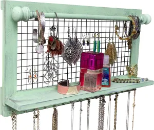 Shabby Chic Jewelry Organizer with Removable Bracelet Rod from Wooden Wall Mounted Holder for Earrings Necklaces Bracelets and Other Accessories