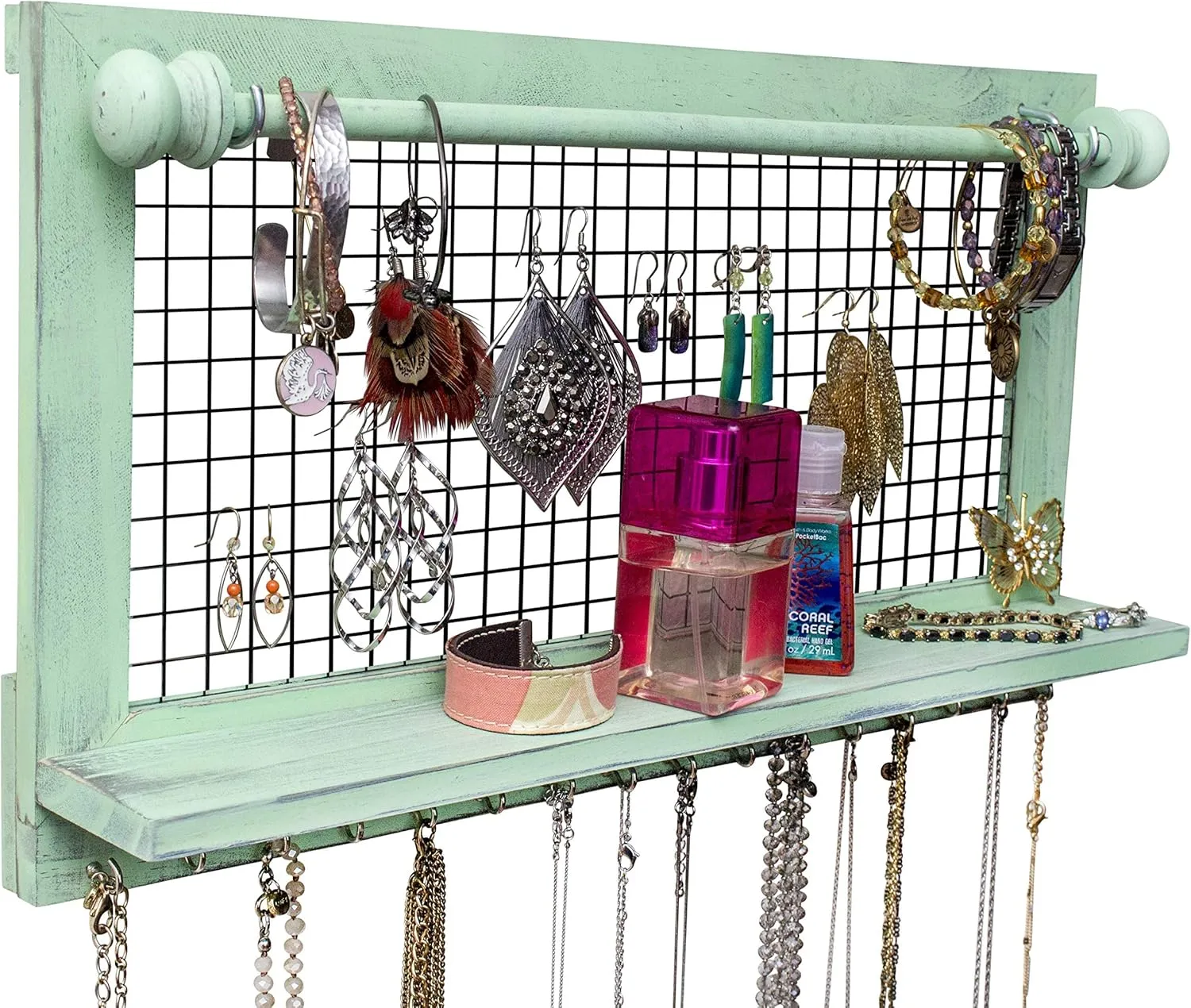 Shabby Chic Jewelry Organizer with Removable Bracelet Rod from Wooden Wall Mounted Holder for Earrings Necklaces Bracelets and Other Accessories