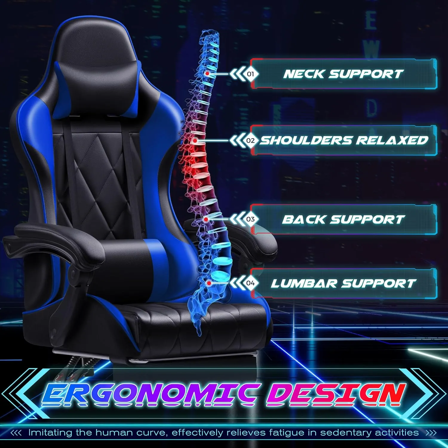 Shahoo Gaming Chair with Footrest and Massage Lumbar Support, Ergonomic Computer Seat Height Adjustable with 360°Swivel and Headrest, Blue