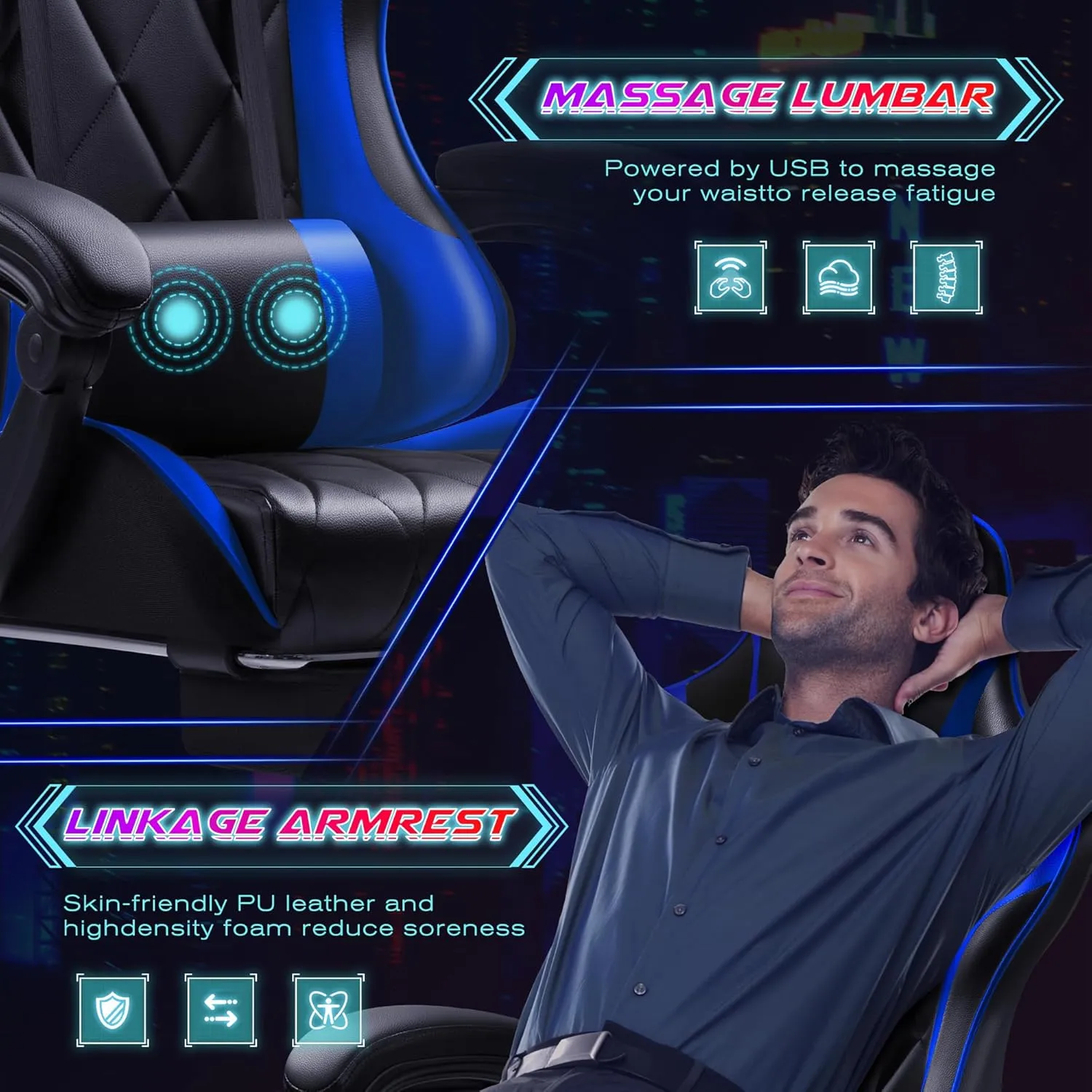 Shahoo Gaming Chair with Footrest and Massage Lumbar Support, Ergonomic Computer Seat Height Adjustable with 360°Swivel and Headrest, Blue