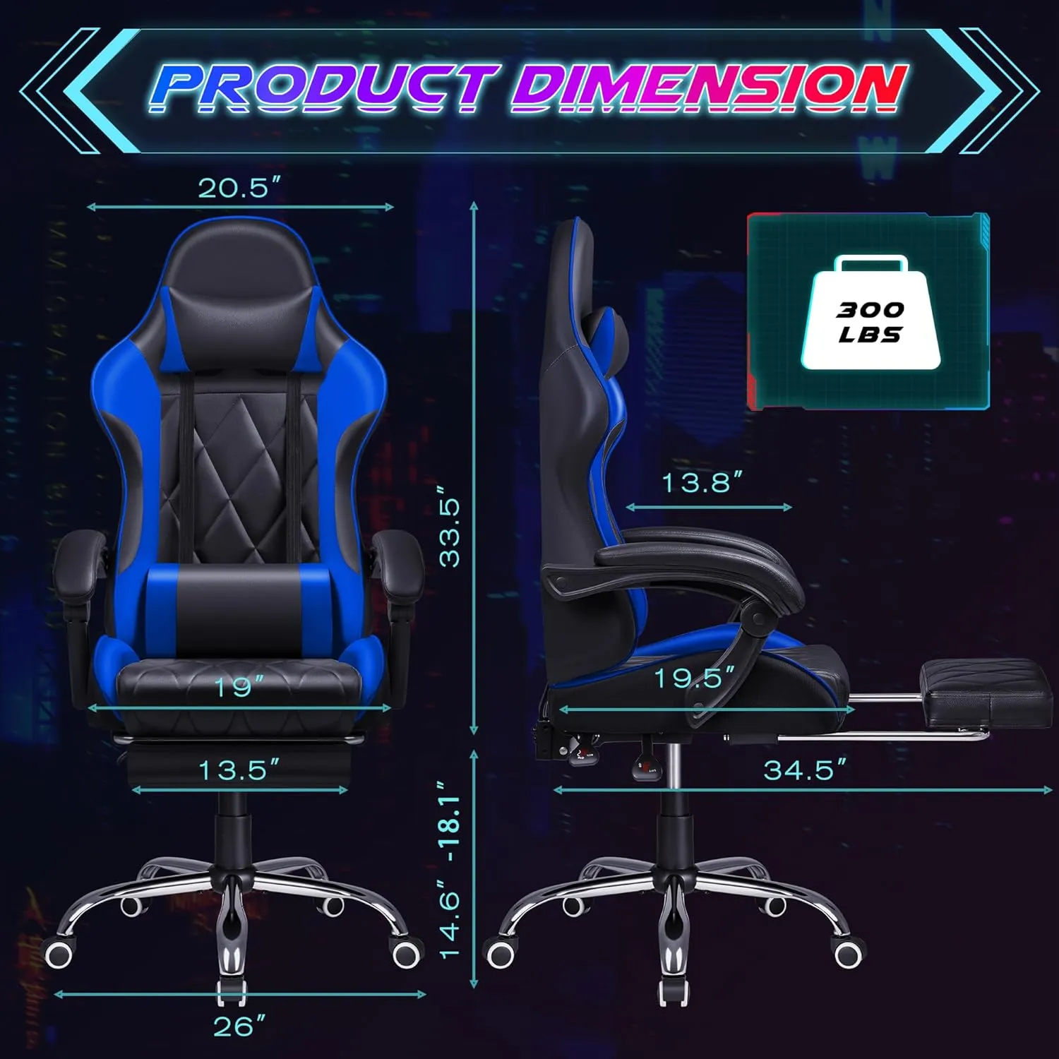 Shahoo Gaming Chair with Footrest and Massage Lumbar Support, Ergonomic Computer Seat Height Adjustable with 360°Swivel and Headrest, Blue