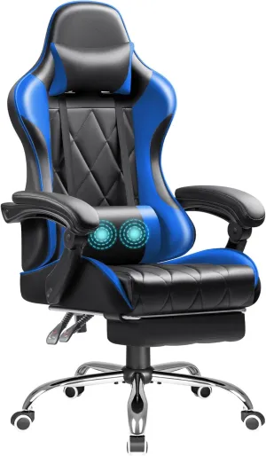 Shahoo Gaming Chair with Footrest and Massage Lumbar Support, Ergonomic Computer Seat Height Adjustable with 360°Swivel and Headrest, Blue