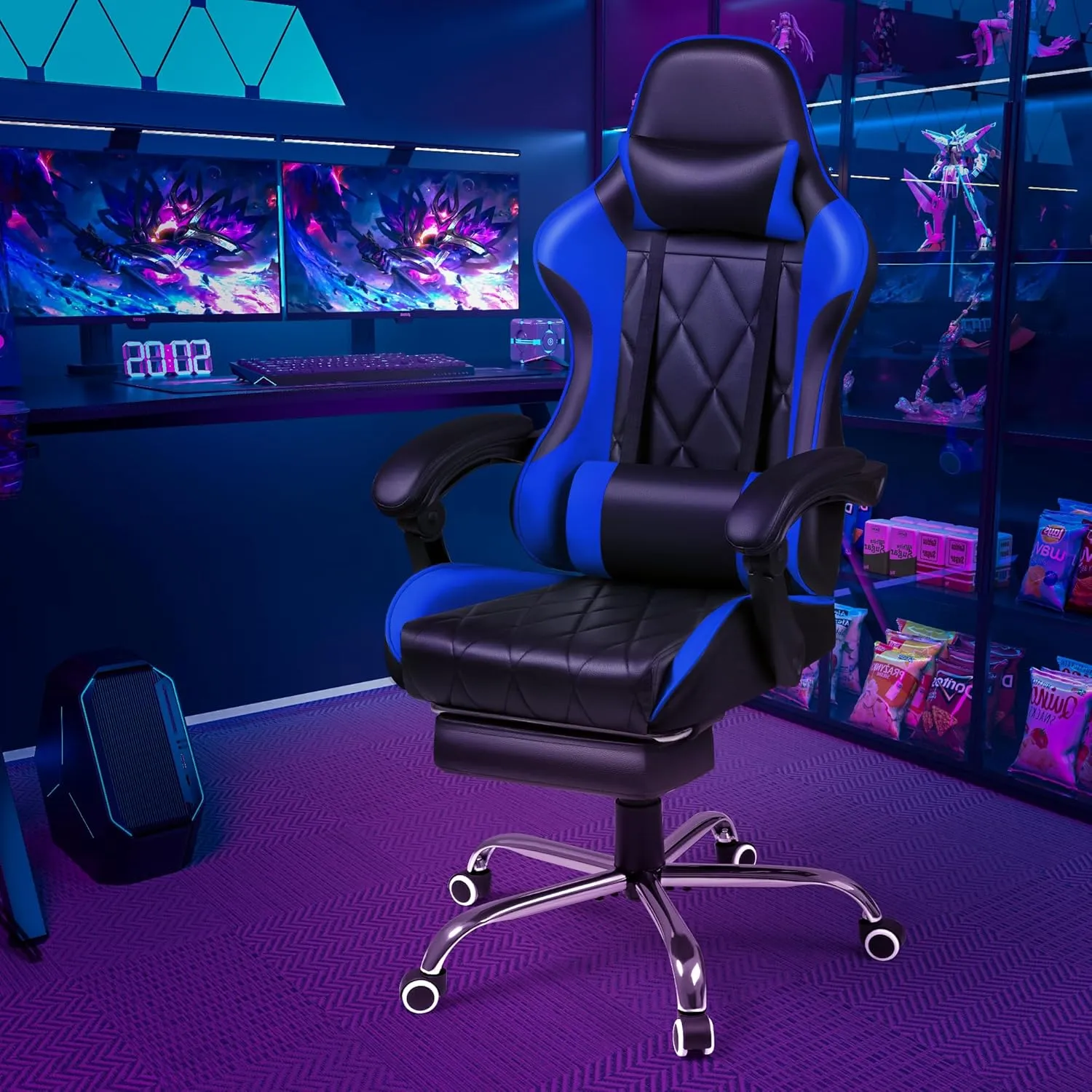 Shahoo Gaming Chair with Footrest and Massage Lumbar Support, Ergonomic Computer Seat Height Adjustable with 360°Swivel and Headrest, Blue