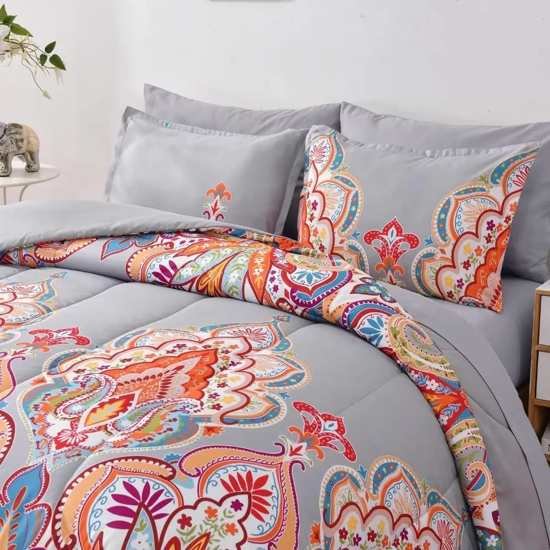 Shatex Comforters Queen Size 3 Piece All Season Bedding Comforter Set, Ultra Soft Polyester Bohemia Western Pattern - Gray with Rainbow Floral Boho Bedding Comforters