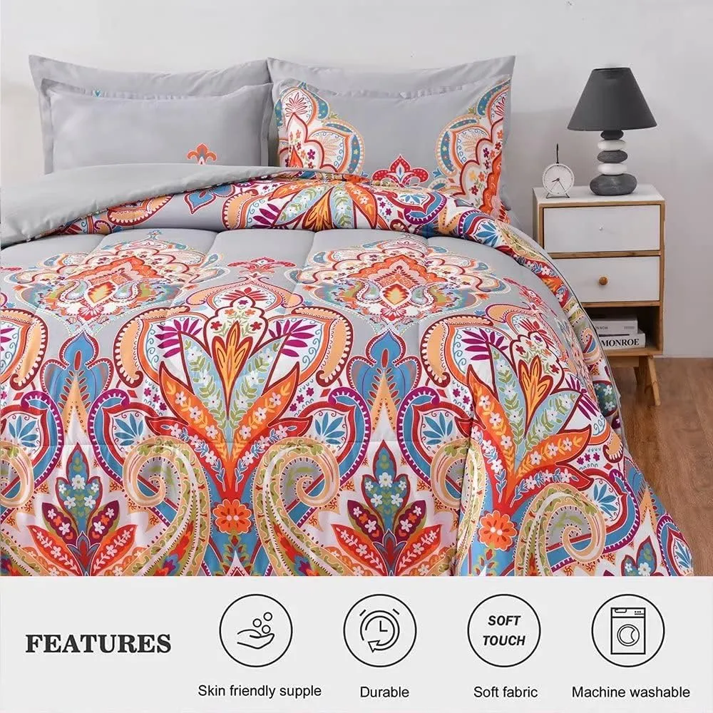 Shatex Comforters Queen Size 3 Piece All Season Bedding Comforter Set, Ultra Soft Polyester Bohemia Western Pattern - Gray with Rainbow Floral Boho Bedding Comforters