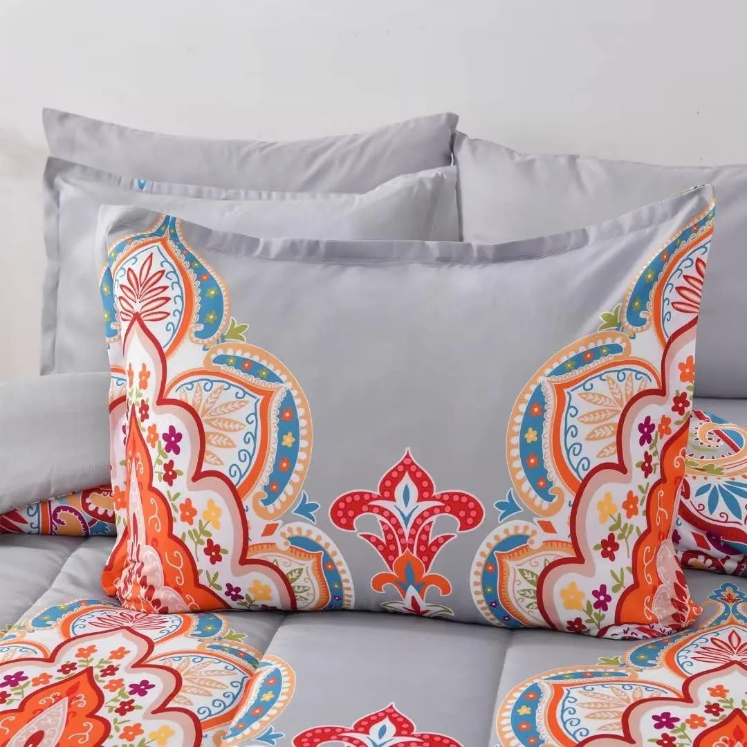 Shatex Comforters Queen Size 3 Piece All Season Bedding Comforter Set, Ultra Soft Polyester Bohemia Western Pattern - Gray with Rainbow Floral Boho Bedding Comforters