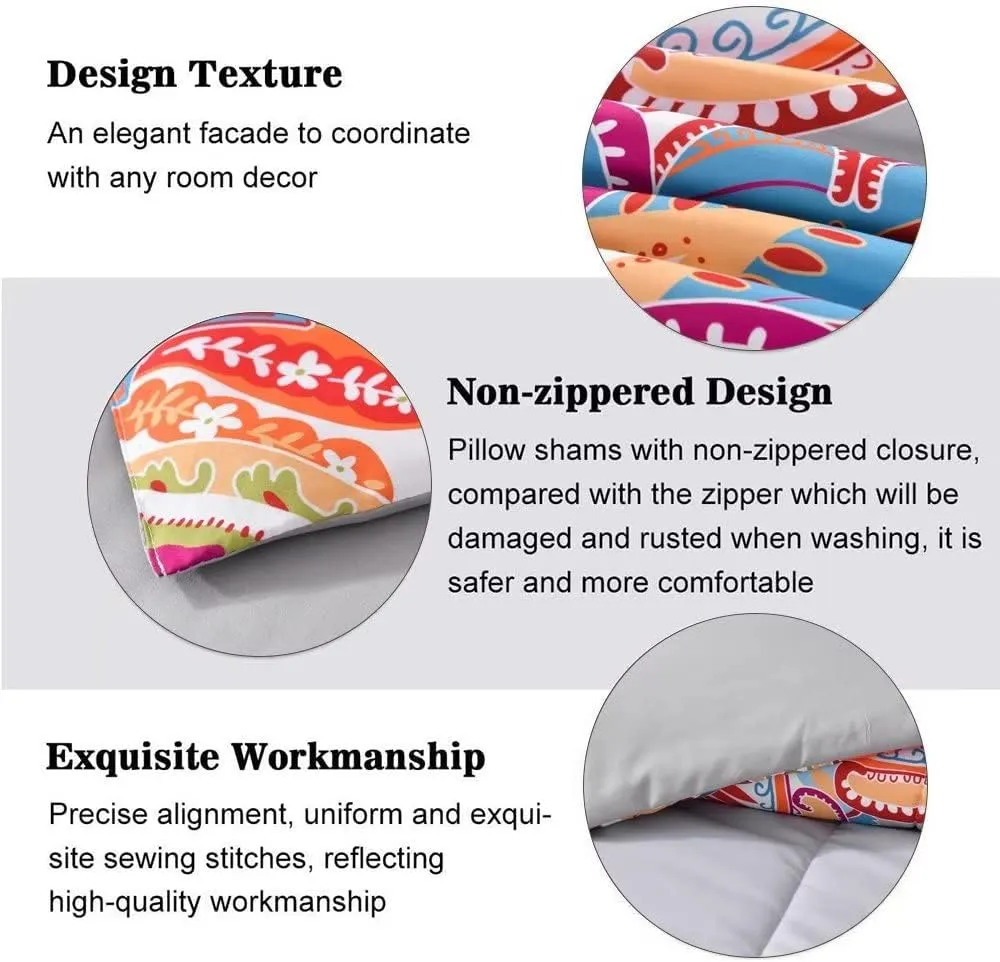 Shatex Comforters Queen Size 3 Piece All Season Bedding Comforter Set, Ultra Soft Polyester Bohemia Western Pattern - Gray with Rainbow Floral Boho Bedding Comforters