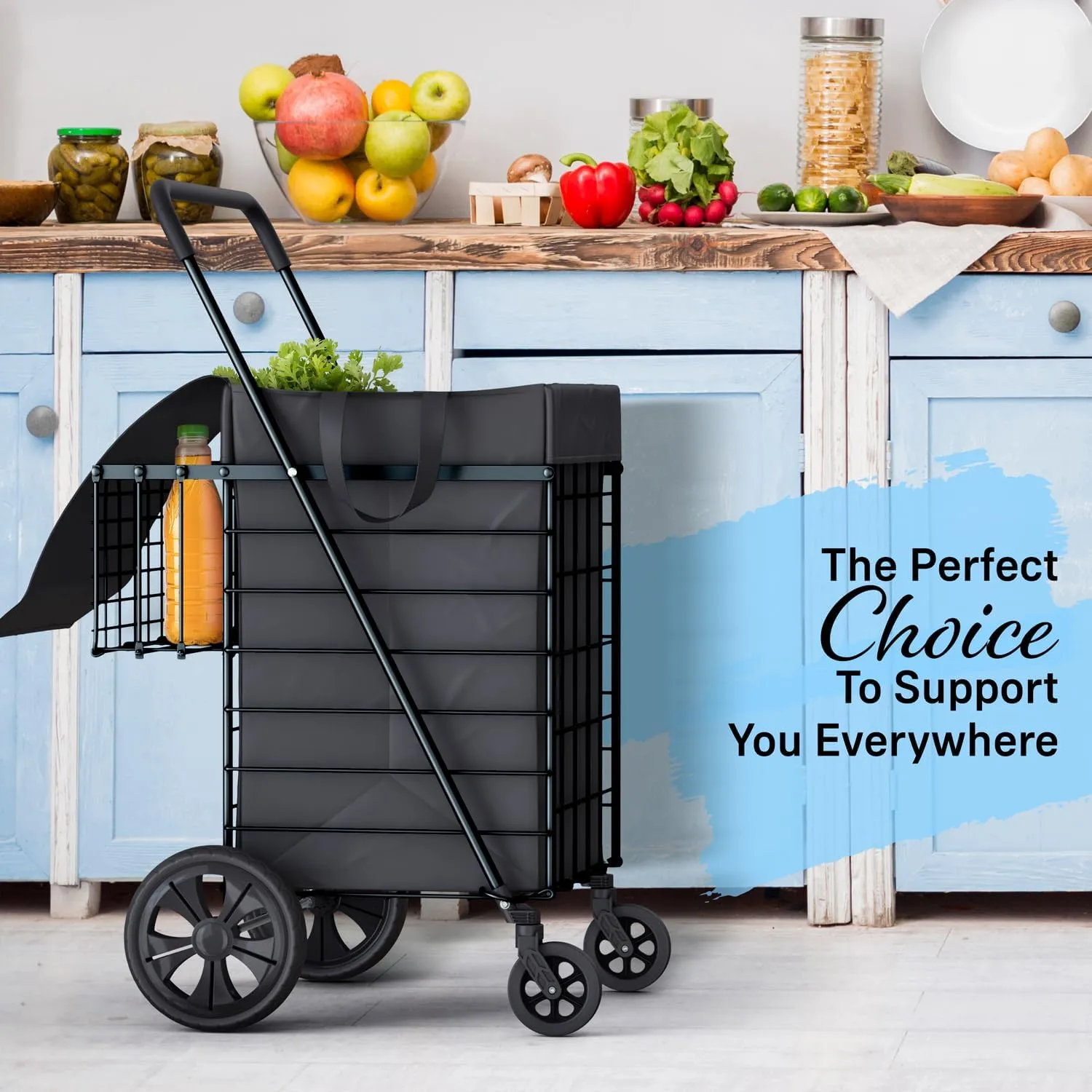 Shopping Cart w/Waterproof Basket Liner & 360° Swivel Wheels | Foldable Collapsible & Lightweight | Perfect for Groceries Laundry Utility Cart - Black