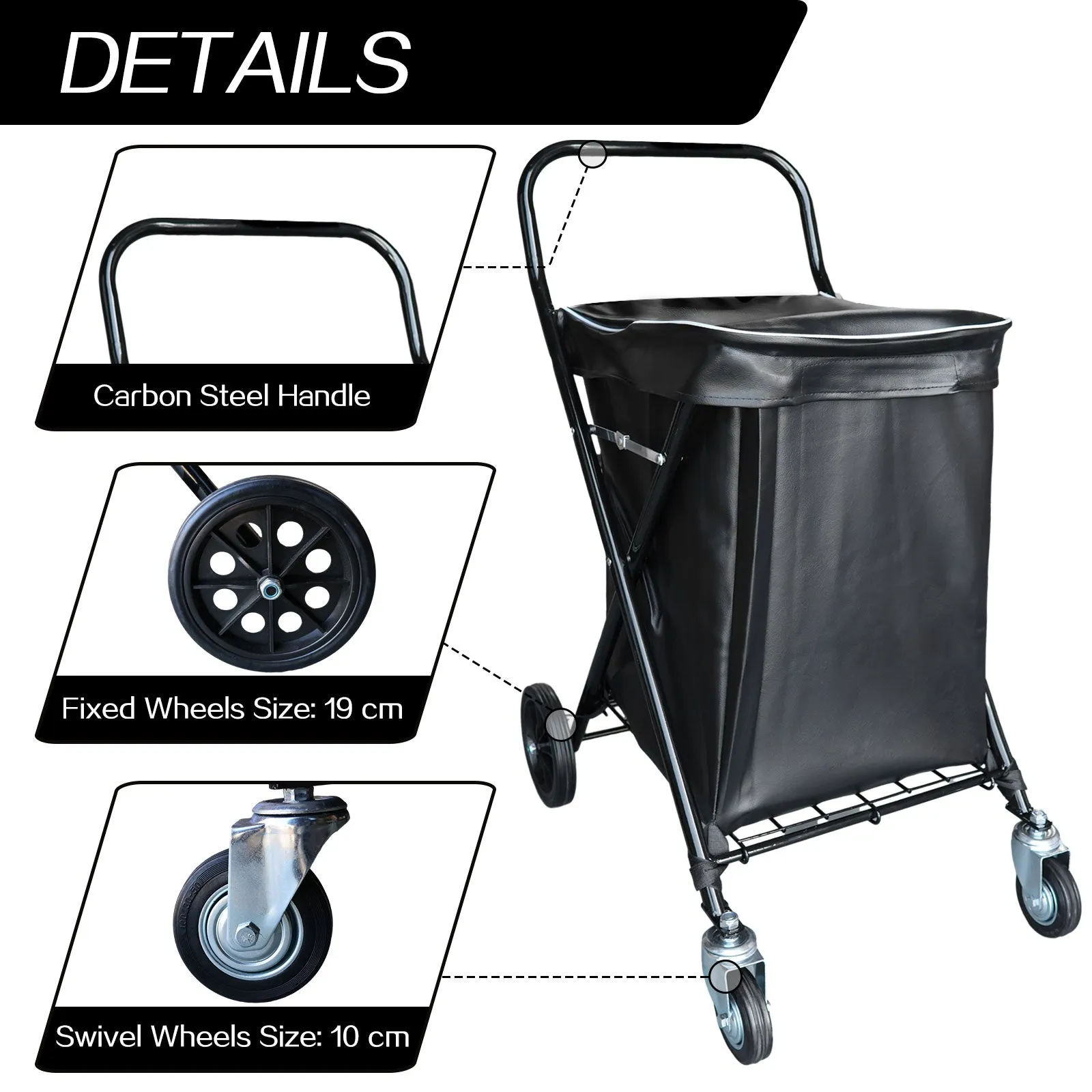 Shopping Trolley Foldable Carbon Steel Grocery Cart with Leather Waterproof Bag