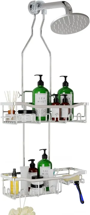 Shower Caddy Hanging for Bathroom: Adjustable Height No Blocking to Shower Head - Rustproof Shower Caddy Over Showerhead - Black Shower Organizer with Hooks Soap Holder, Silver