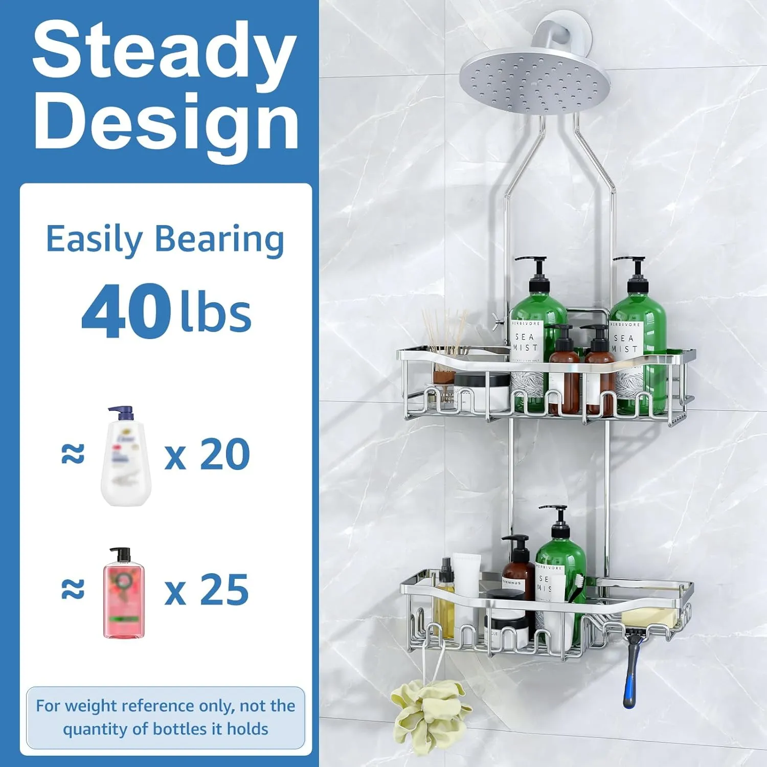 Shower Caddy Hanging for Bathroom: Adjustable Height No Blocking to Shower Head - Rustproof Shower Caddy Over Showerhead - Black Shower Organizer with Hooks Soap Holder, Silver