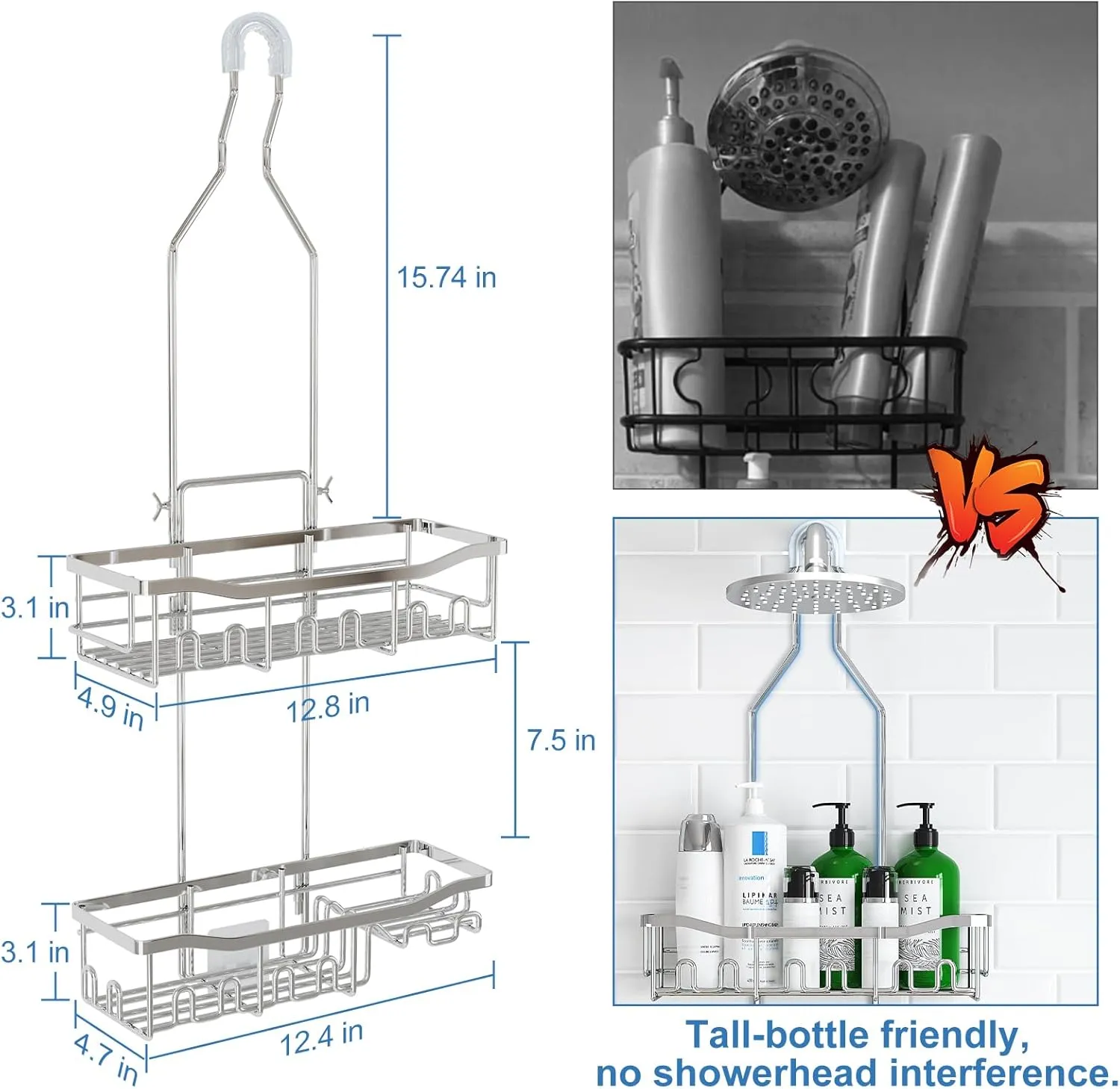 Shower Caddy Hanging for Bathroom: Adjustable Height No Blocking to Shower Head - Rustproof Shower Caddy Over Showerhead - Black Shower Organizer with Hooks Soap Holder, Silver