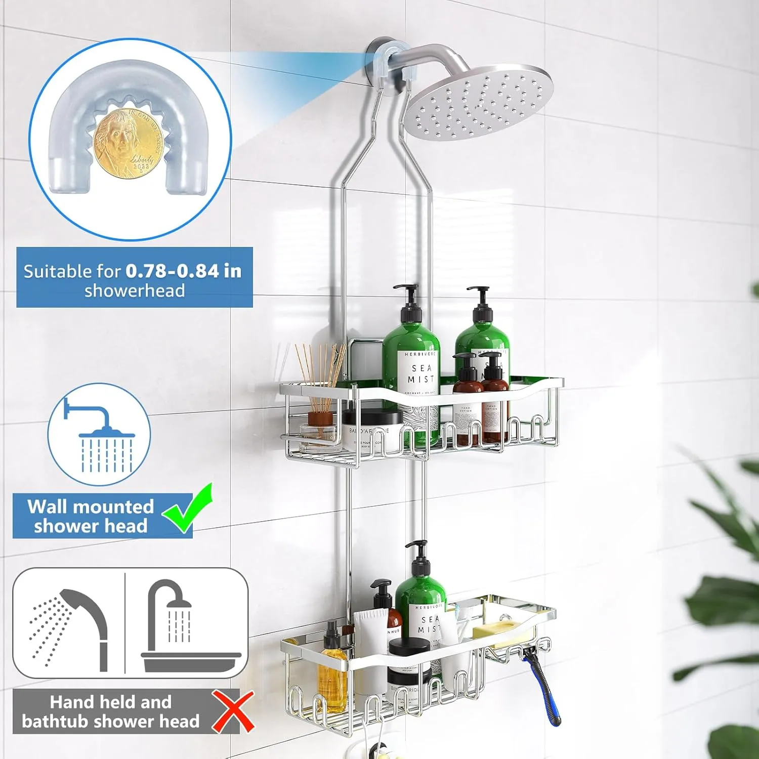 Shower Caddy Hanging for Bathroom: Adjustable Height No Blocking to Shower Head - Rustproof Shower Caddy Over Showerhead - Black Shower Organizer with Hooks Soap Holder, Silver