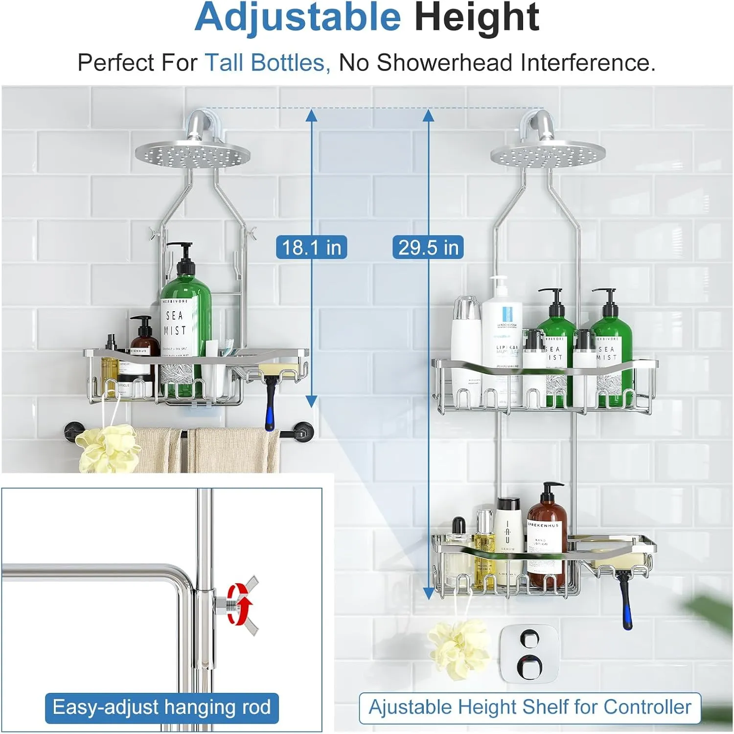 Shower Caddy Hanging for Bathroom: Adjustable Height No Blocking to Shower Head - Rustproof Shower Caddy Over Showerhead - Black Shower Organizer with Hooks Soap Holder, Silver