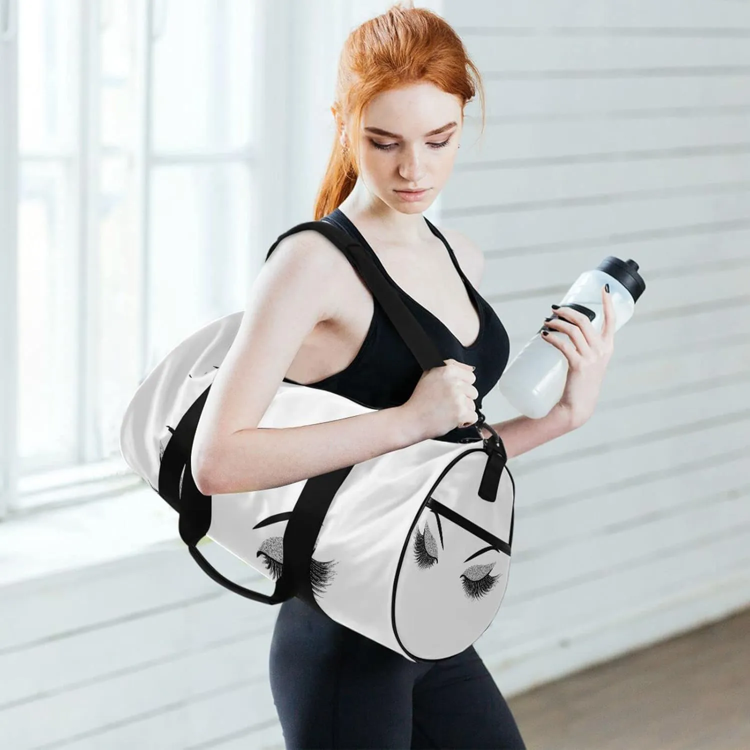 Silver Glittering Eyelash Isolated on White Duffel Bag, Foldable Canvas Travel Tote for Gym Sports with Inner Pockets, Durable Lightweight Fitness Bag for Overnight Workout