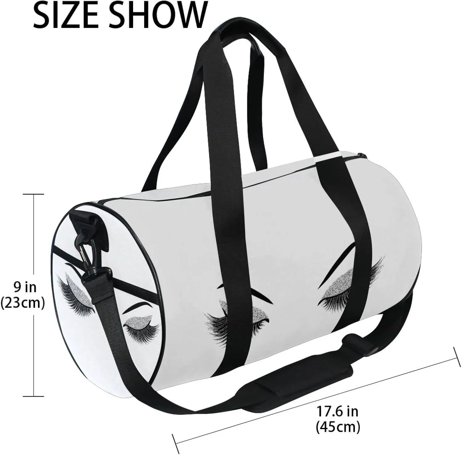 Silver Glittering Eyelash Isolated on White Duffel Bag, Foldable Canvas Travel Tote for Gym Sports with Inner Pockets, Durable Lightweight Fitness Bag for Overnight Workout