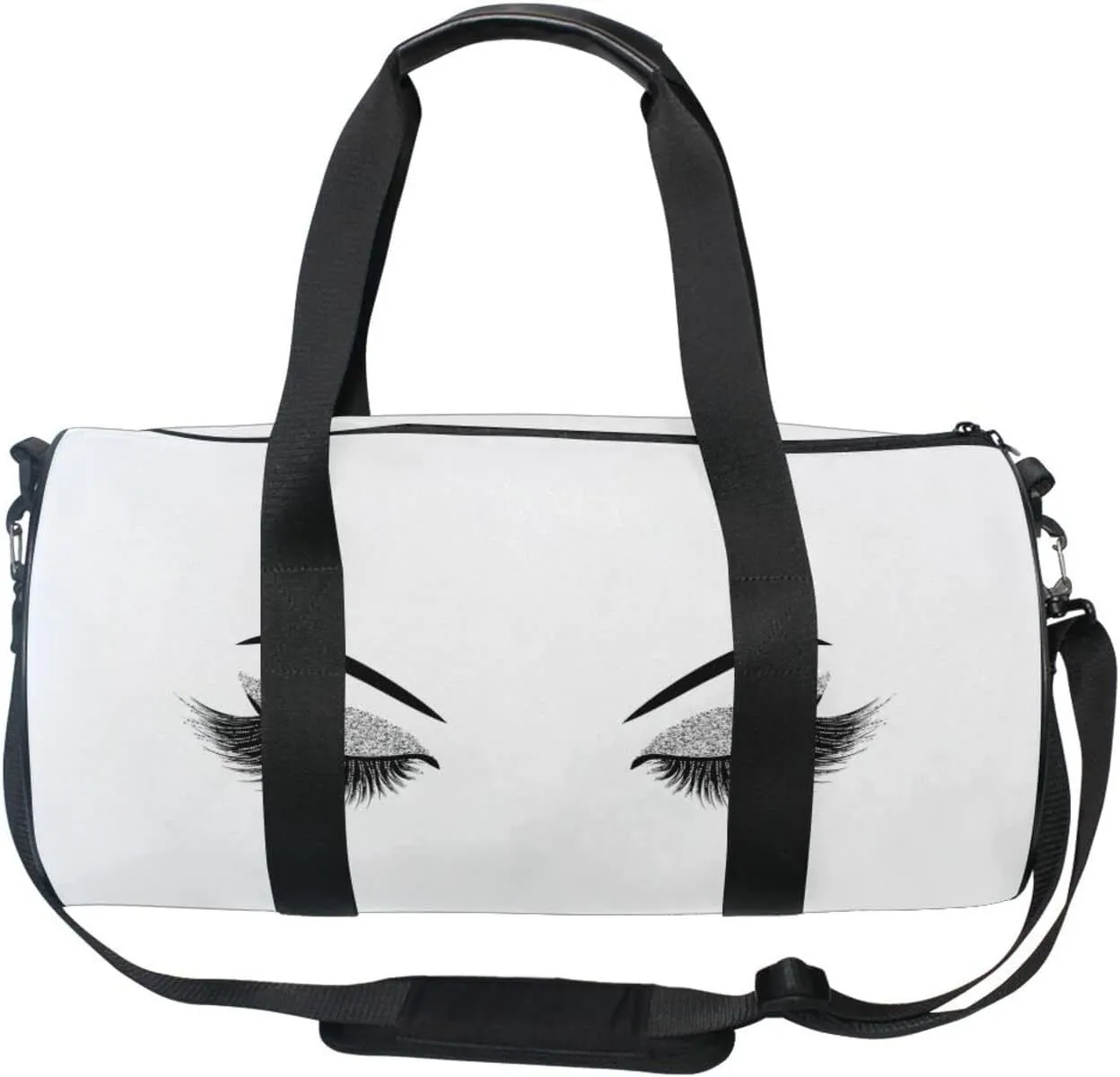 Silver Glittering Eyelash Isolated on White Duffel Bag, Foldable Canvas Travel Tote for Gym Sports with Inner Pockets, Durable Lightweight Fitness Bag for Overnight Workout