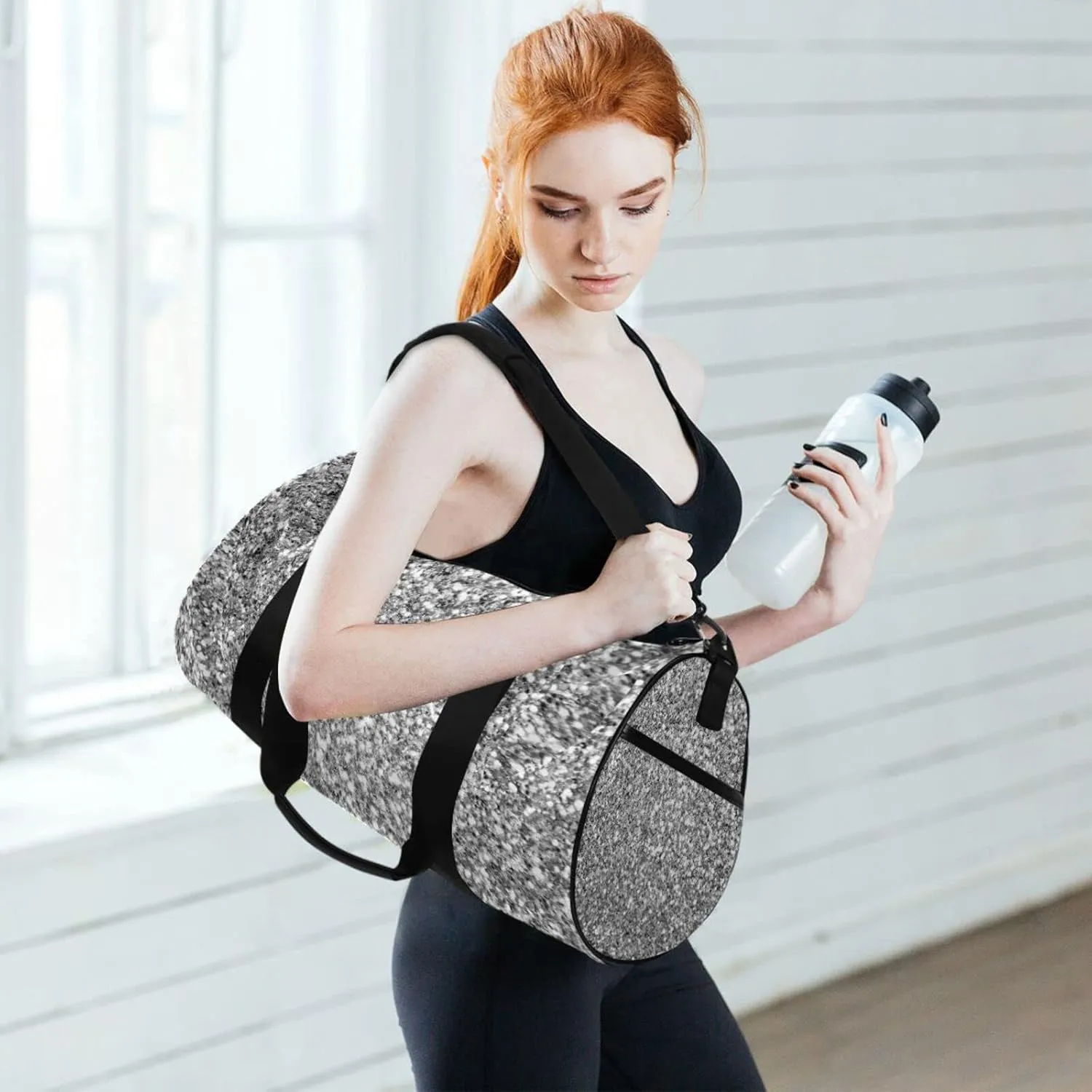 Silver White Shiny Glittering Background Yellow Holiday Tinsel Duffel Bag, Foldable Canvas Travel Tote for Gym Sports with Inner Pockets, Durable Lightweight Fitness Bag for Overnight Workout