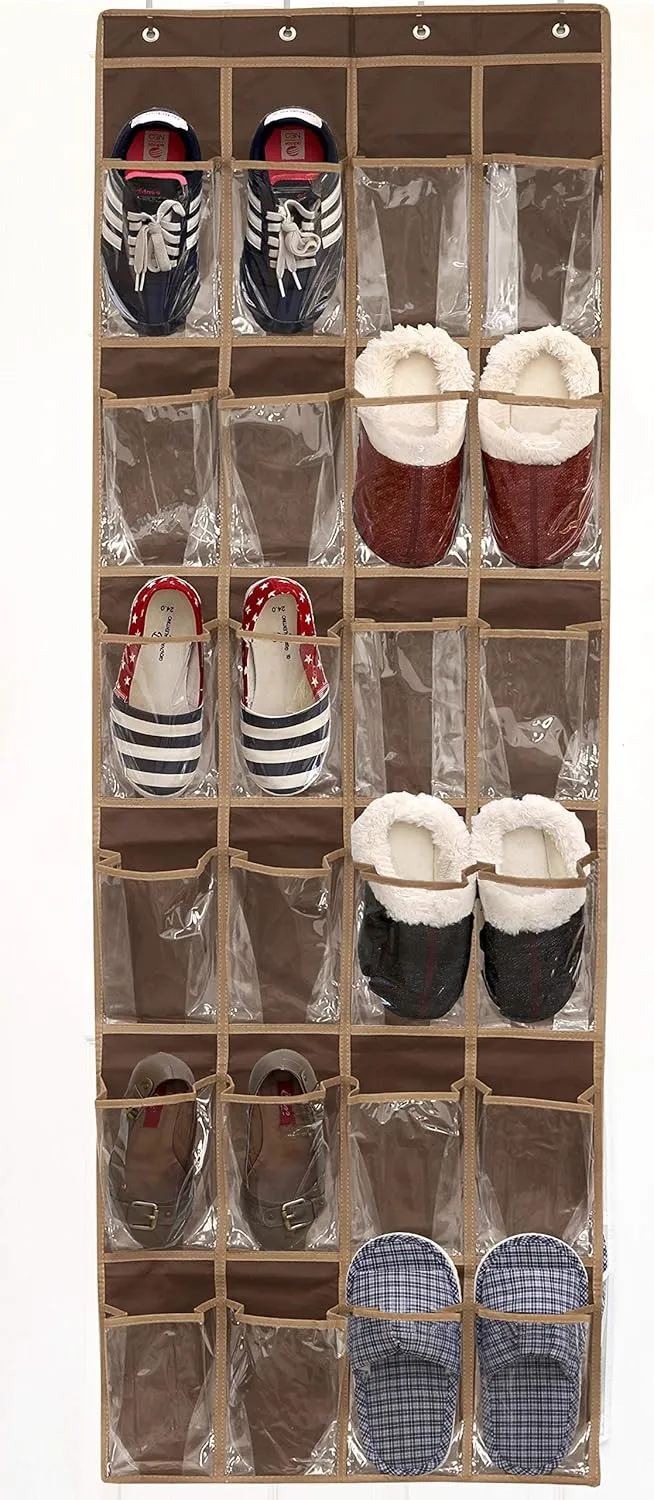 Simple Houseware 24 Pockets - Crystal Clear Over The Door Hanging Shoe Organizer, Brown (64'' x 19'')