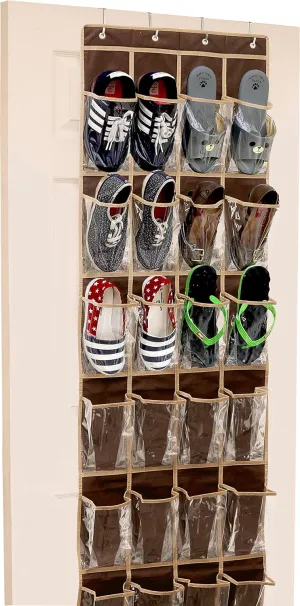 Simple Houseware 24 Pockets - Crystal Clear Over The Door Hanging Shoe Organizer, Brown (64'' x 19'')