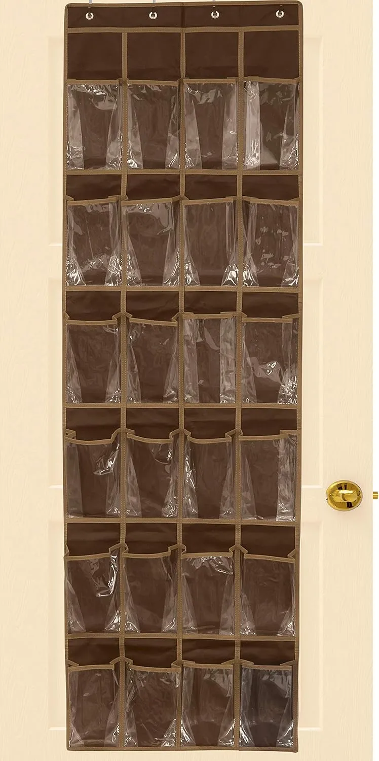 Simple Houseware 24 Pockets - Crystal Clear Over The Door Hanging Shoe Organizer, Brown (64'' x 19'')