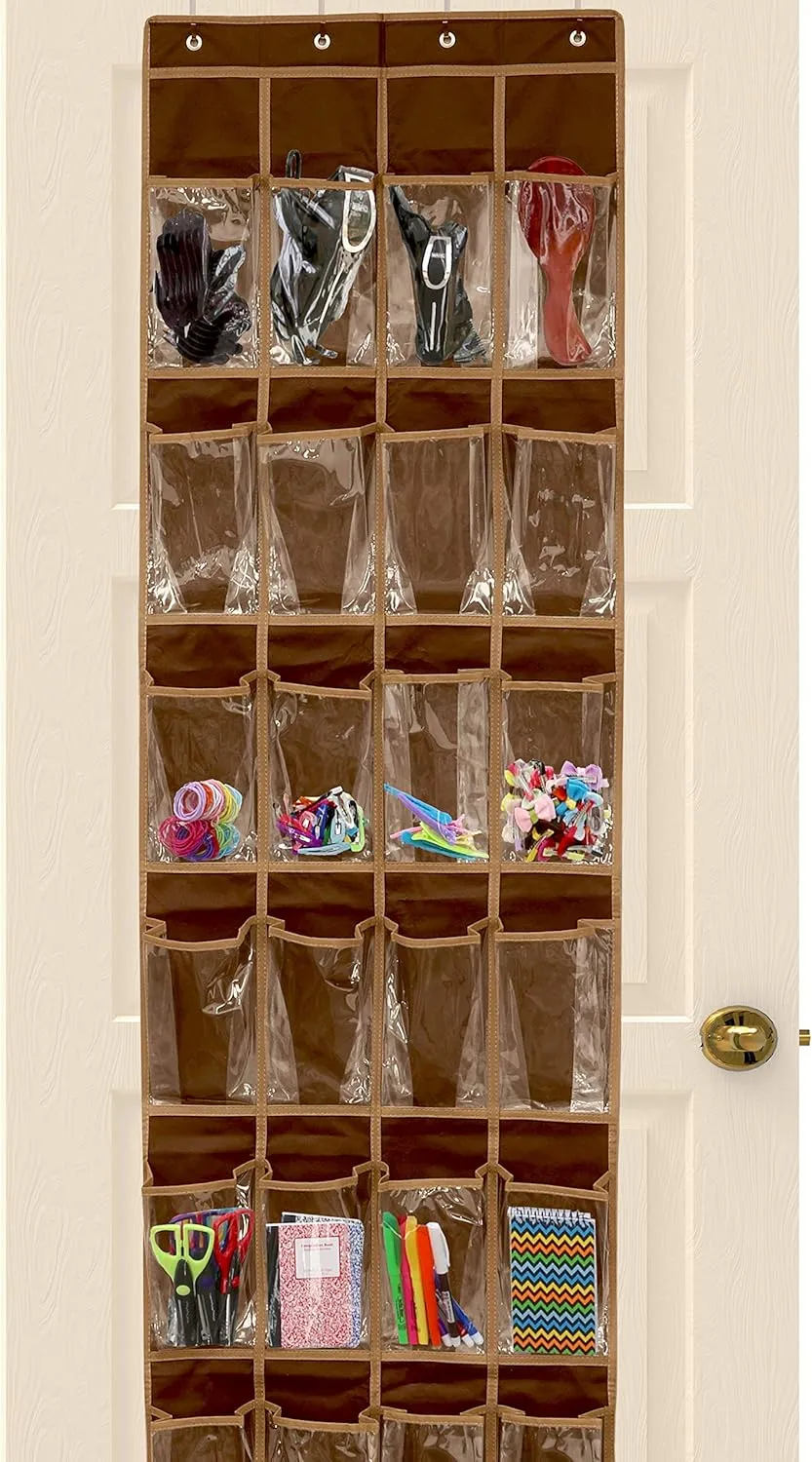 Simple Houseware 24 Pockets - Crystal Clear Over The Door Hanging Shoe Organizer, Brown (64'' x 19'')