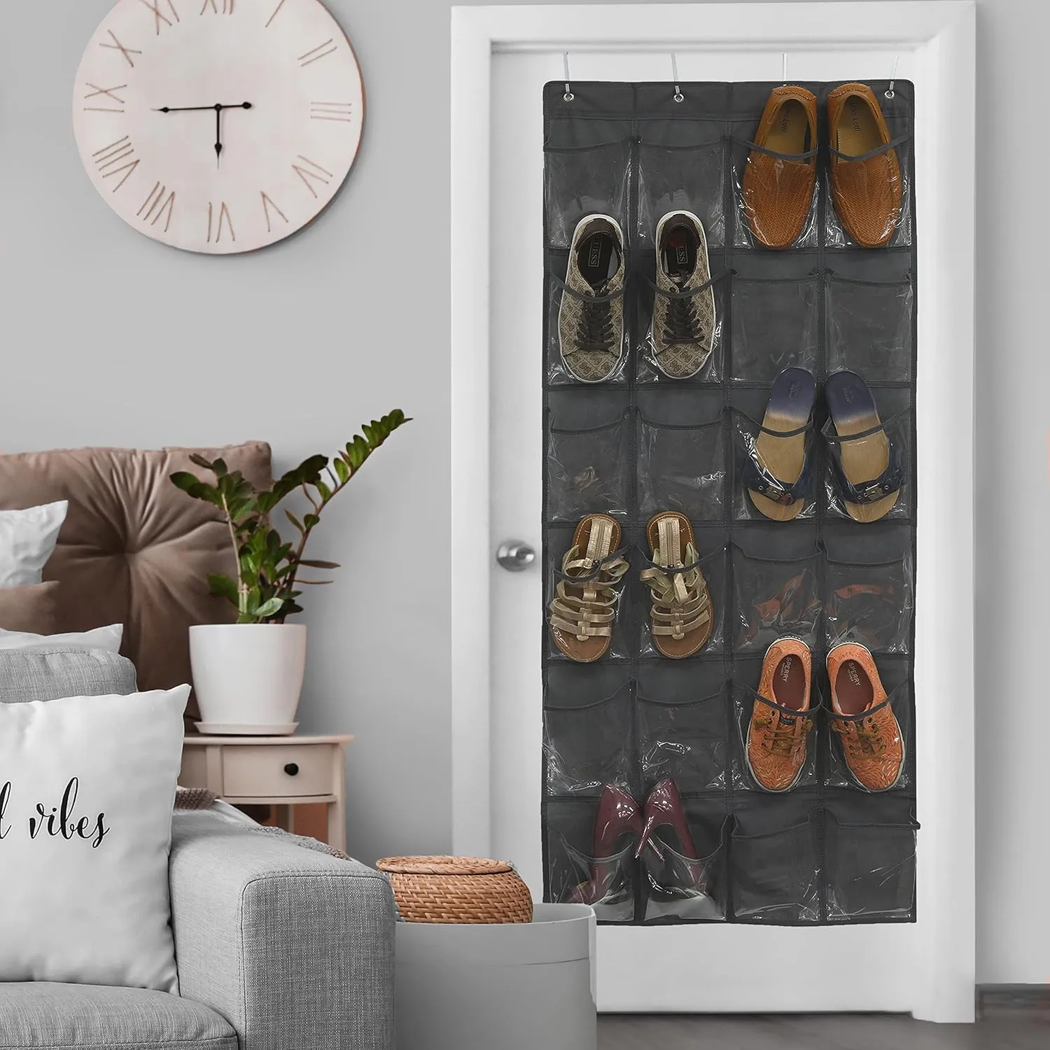 Simple Houseware 24 Pockets Large Clear Pockets Over The Door Hanging Shoe Organizer, Dark Gray (56" x 22.5")