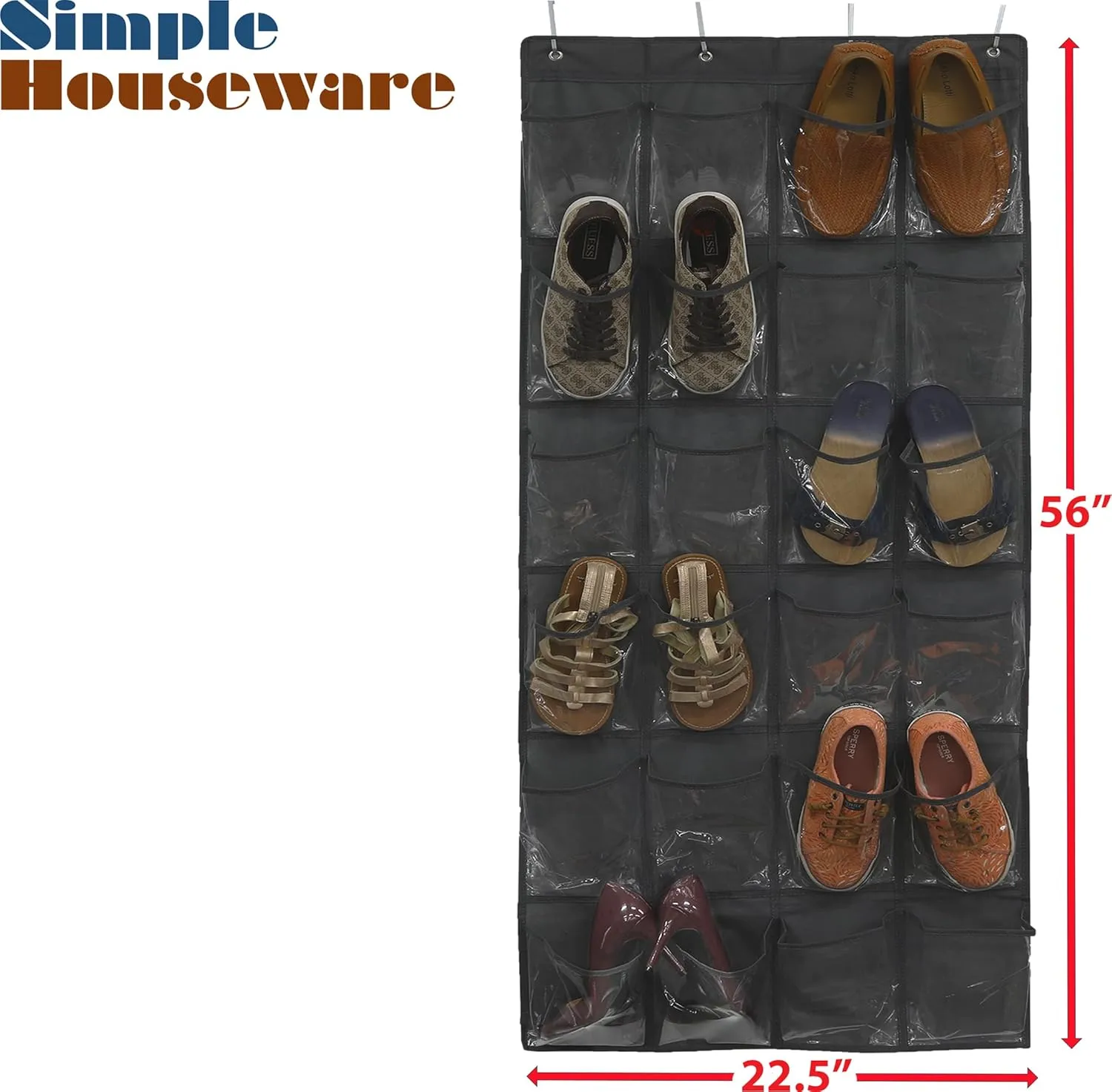Simple Houseware 24 Pockets Large Clear Pockets Over The Door Hanging Shoe Organizer, Dark Gray (56" x 22.5")