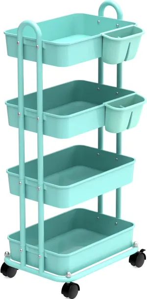 Simple Houseware 4-Tier Multifunctional Rolling Utility Cart with Hanging Buckets, Turquoise