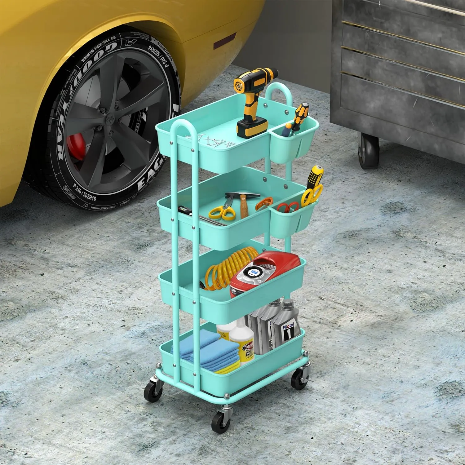 Simple Houseware 4-Tier Multifunctional Rolling Utility Cart with Hanging Buckets, Turquoise
