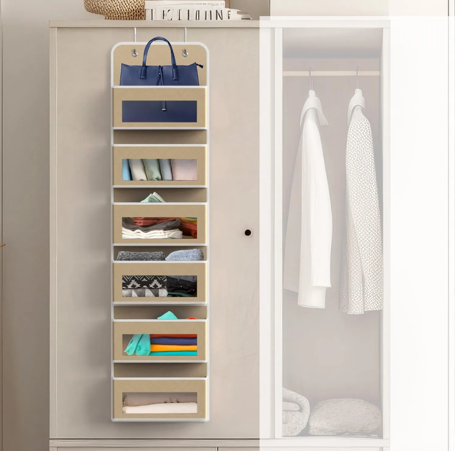 Simple Houseware 6 Clear Window Over Closet Door Pocket Storage Hanging Organizer, Beige
