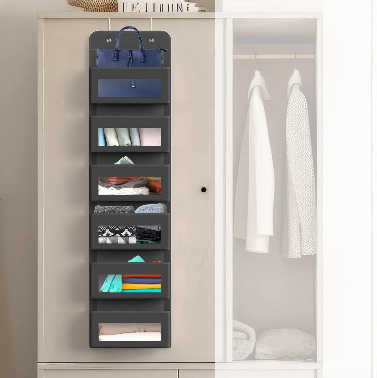 Simple Houseware 6 Clear Window Over Closet Door Pocket Storage Hanging Organizer, Dark Gray