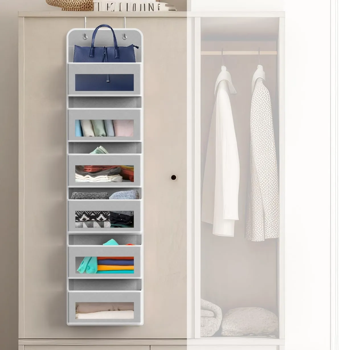 Simple Houseware 6 Clear Window Over Closet Door Pocket Storage Hanging Organizer, Gray