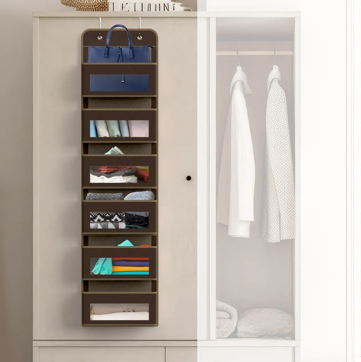 Simple Houseware Over Door 6 Clear Window Pocket Storage Organizer, Brown