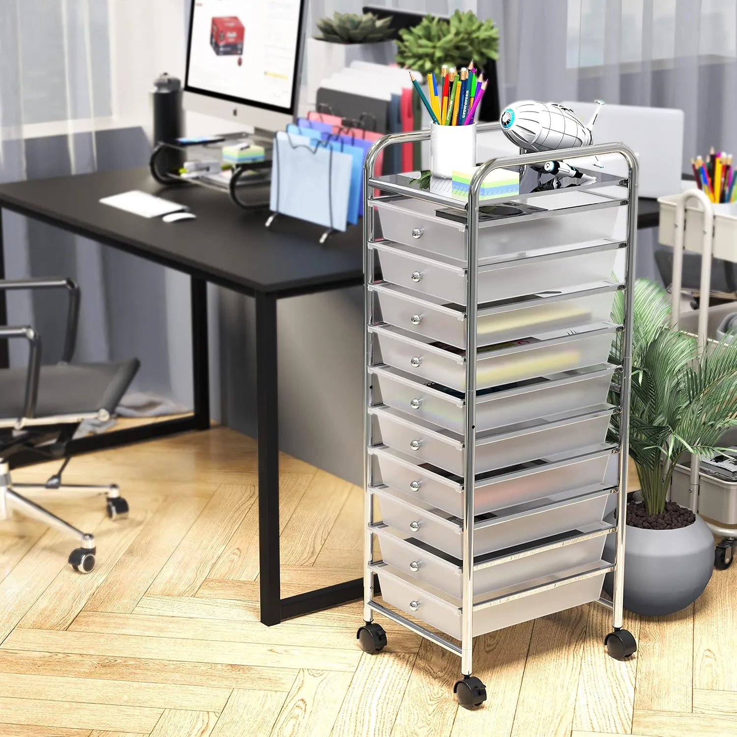 Simple Houseware Utility Cart with 10 Drawers Rolling Storage Art Craft Organizer, Chrome