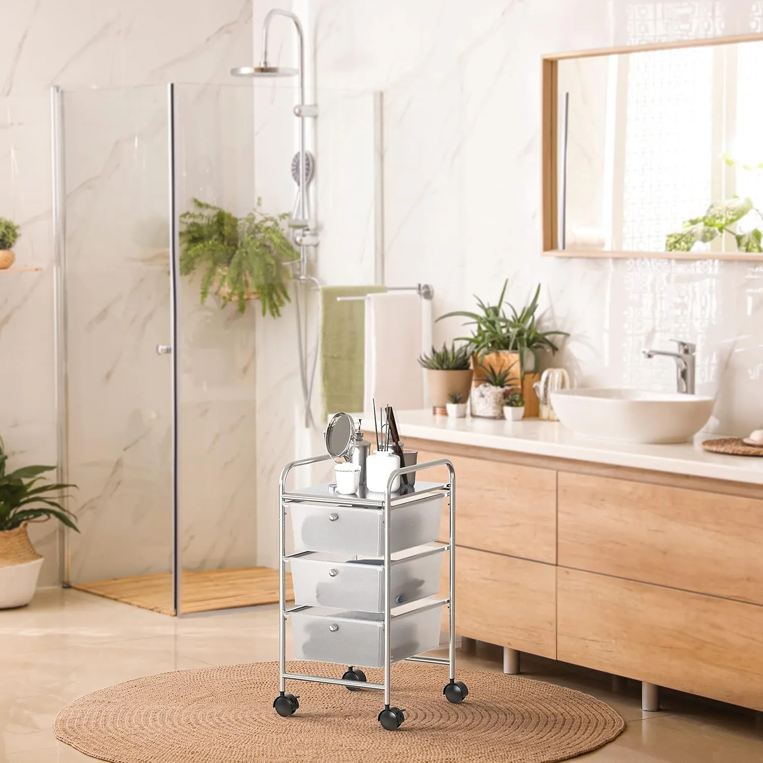 Simple Houseware Utility Cart with 3 Drawers Rolling Storage Art Craft Organizer, Chrome