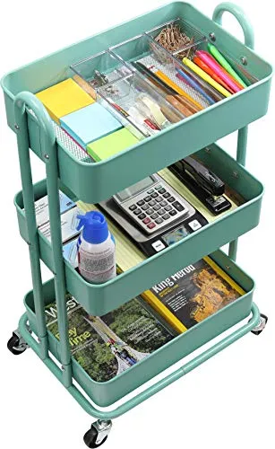 SimpleHouseware Heavy Duty 3-Tier Metal Utility Rolling Cart, Turquoise