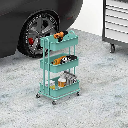 SimpleHouseware Heavy Duty 3-Tier Metal Utility Rolling Cart, Turquoise