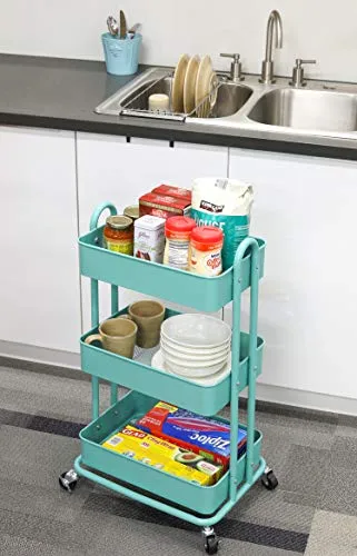 SimpleHouseware Heavy Duty 3-Tier Metal Utility Rolling Cart, Turquoise