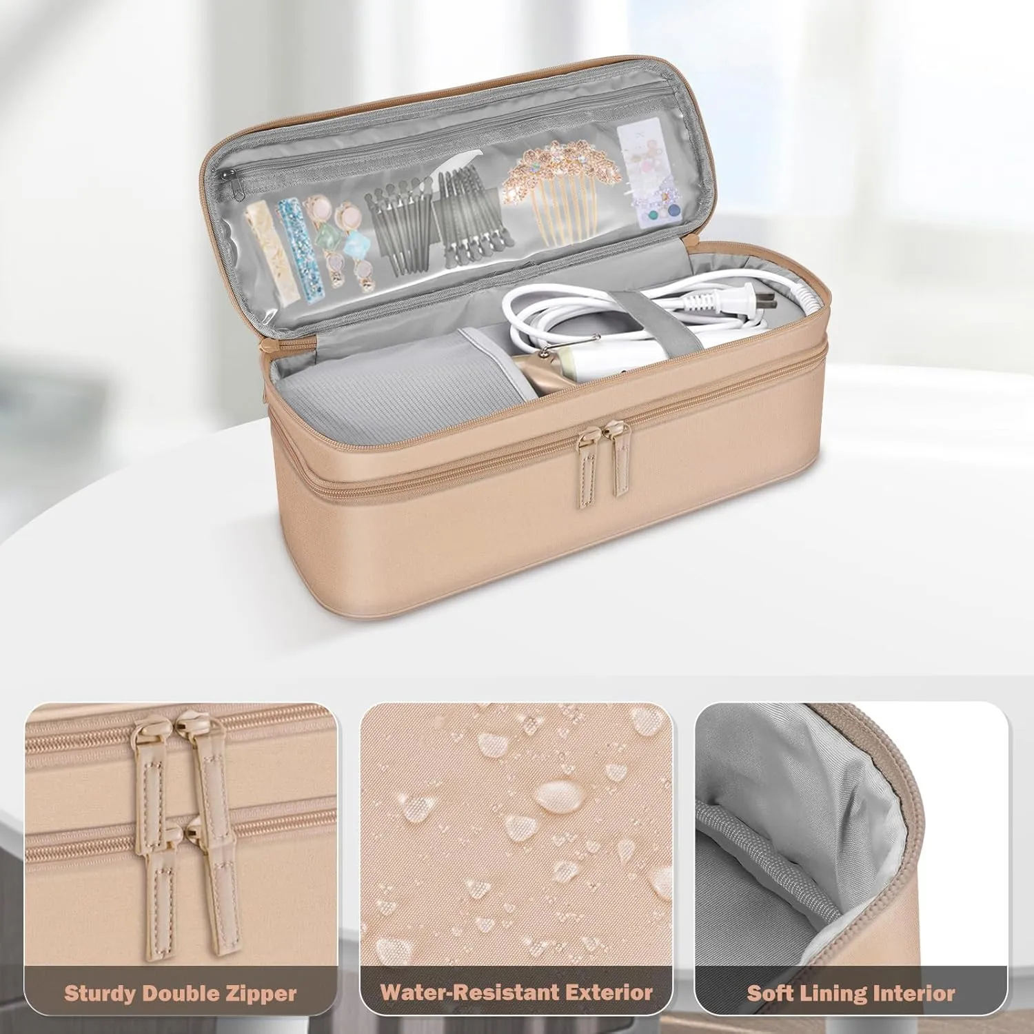 SITHON Double-Layer Travel Carrying Case for Shark FlexStyle/SmoothStyle, Water Resistant Storage Organizer Bag for Airwrap Styler, Also for Revlon One-Step Hair Dryer (Bag Only) (Rose Gold)
