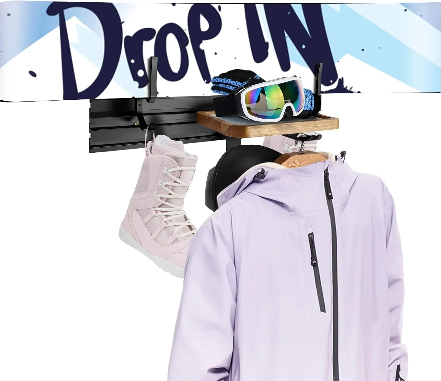 Ski Storage Rack Multifunction Ski Snowboard Wall Mount Rack for Snow Board, Ski Boots, Gloves, and Clothes - Space Saving Ski Gear Organizer Rack