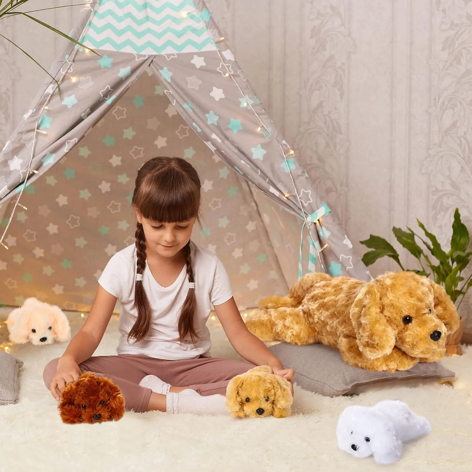 Skylety 5 Pcs Dog Stuffed Animal Puppy Stuffed Animal with Babies Inside 1 Big Mommy with 4 Mini Baby Cute Soft Puppies for Children Birthday Party Adopt a Dog Party Favors(Golden Retriever)