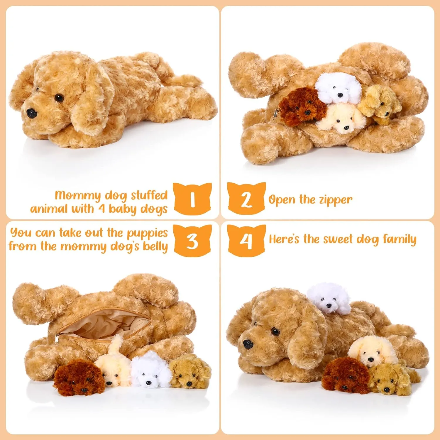 Skylety 5 Pcs Dog Stuffed Animal Puppy Stuffed Animal with Babies Inside 1 Big Mommy with 4 Mini Baby Cute Soft Puppies for Children Birthday Party Adopt a Dog Party Favors(Golden Retriever)