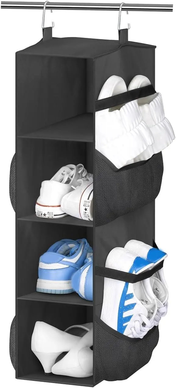SLEEPING LAMB Short Hanging Shoe Organizer for Closet Storage with Mesh Side Pockets Holds 8 Pairs, Hanging Shoe Rack Hanger RV, Camper, Black