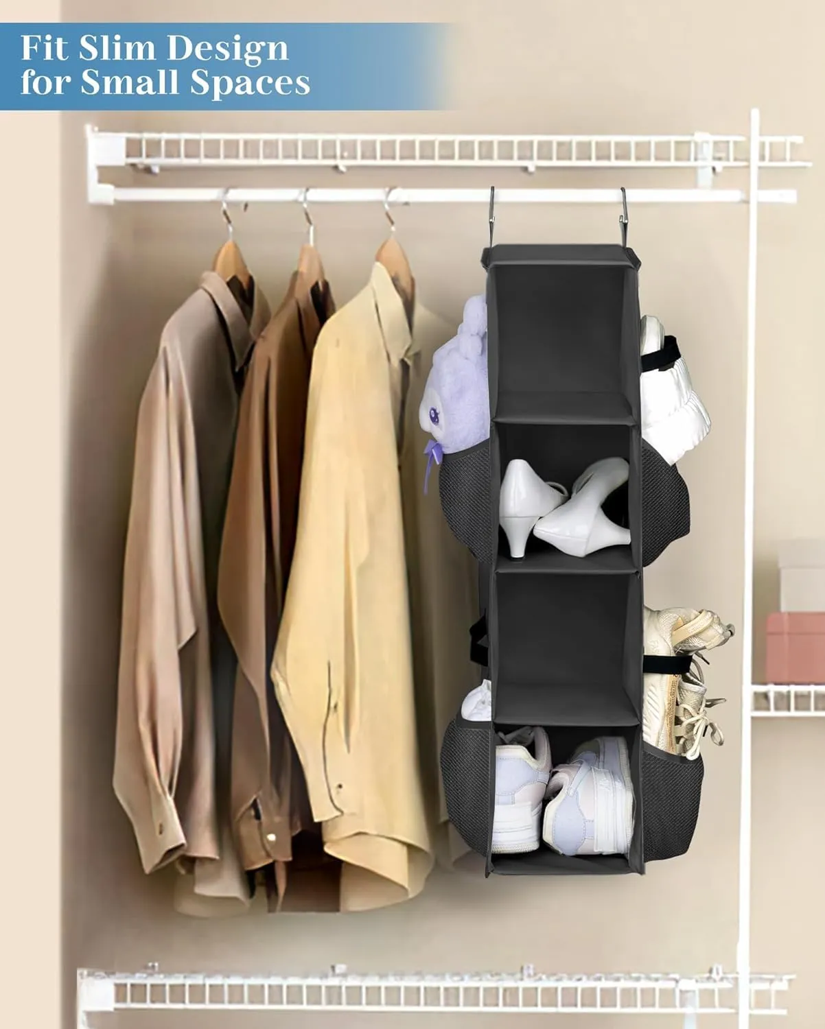 SLEEPING LAMB Short Hanging Shoe Organizer for Closet Storage with Mesh Side Pockets Holds 8 Pairs, Hanging Shoe Rack Hanger RV, Camper, Black