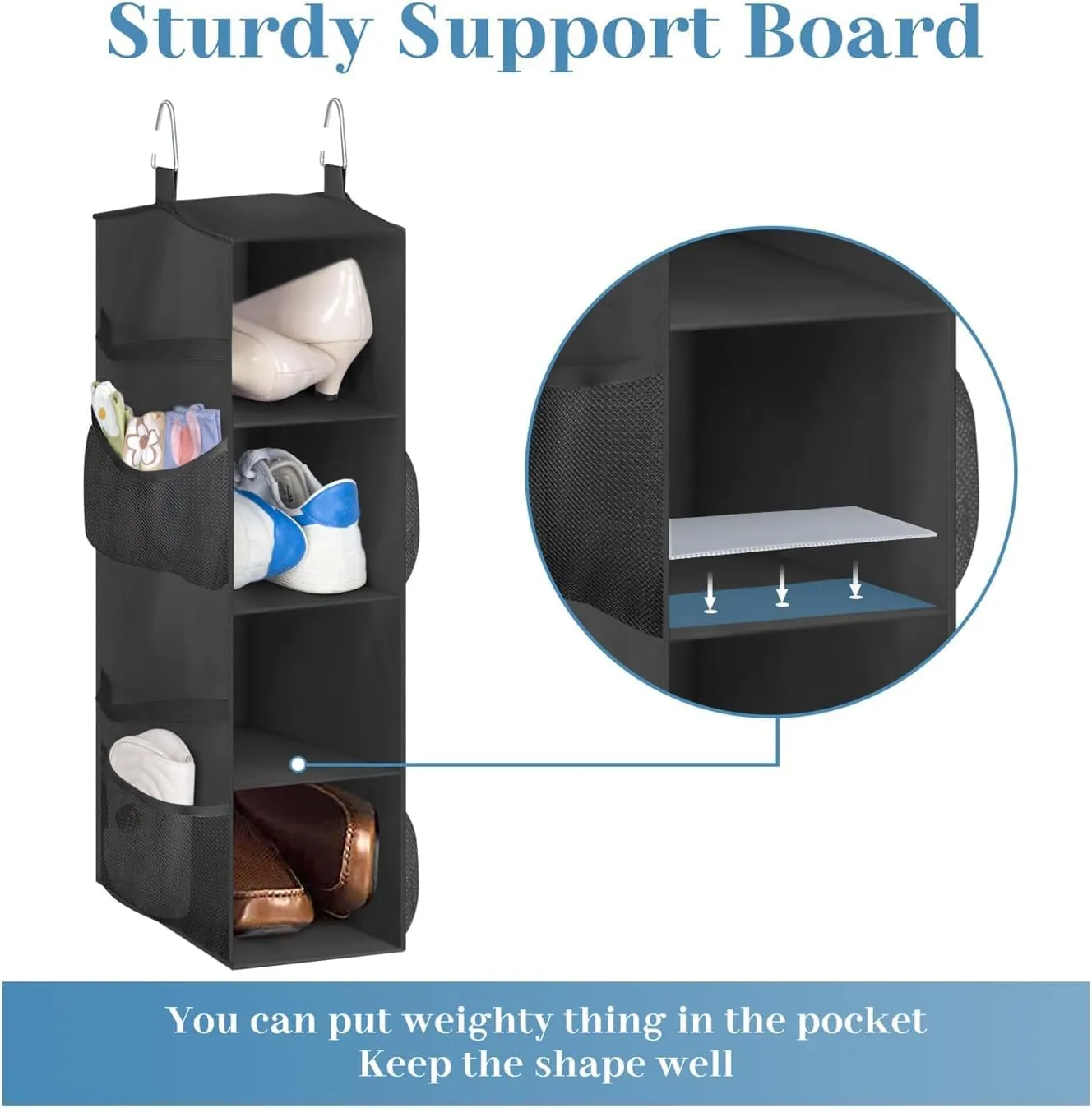 SLEEPING LAMB Short Hanging Shoe Organizer for Closet Storage with Mesh Side Pockets Holds 8 Pairs, Hanging Shoe Rack Hanger RV, Camper, Black