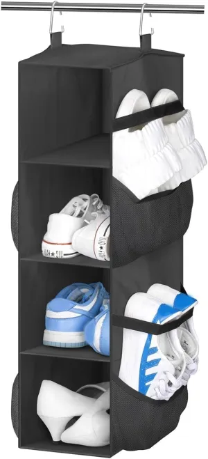 SLEEPING LAMB Short Hanging Shoe Organizer for Closet Storage with Mesh Side Pockets Holds 8 Pairs, Hanging Shoe Rack Hanger RV, Camper, Black