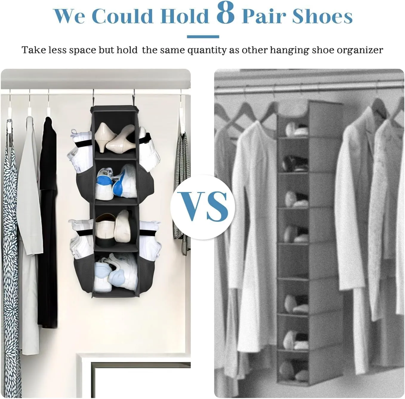 SLEEPING LAMB Short Hanging Shoe Organizer for Closet Storage with Mesh Side Pockets Holds 8 Pairs, Hanging Shoe Rack Hanger RV, Camper, Black