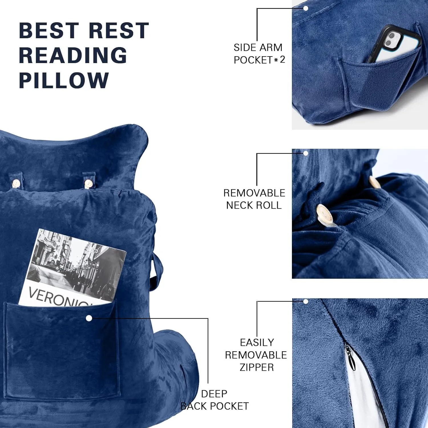 SLIGUY Reading Pillow-Extra Large 31" Bed Rest Pillow with Detachable Neck Roll & Arms for Sitting in Bed or Couch-Adult Backrest Reading Pillow for Reading/Watching TV/Gaming/Relaxing-Dark Blue